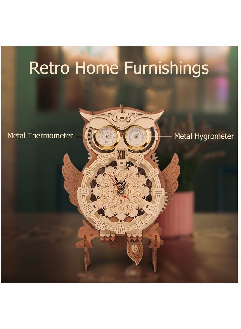 3D Wooden Owl Clock Wall Decor,Hand-Assembled Owl Clock Model with Timing Temperature Humidity Display Function Owl Clock Mechanical Puzzle for Home Office Decoration - Image 2